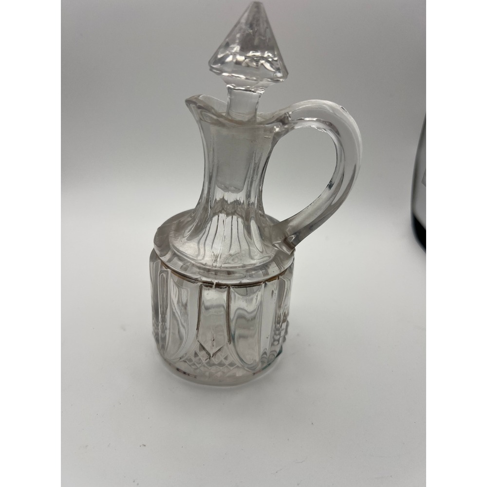 Vintage Clear Pressed Glass Cruet with Stopper Gold Trim Paneled Design 5.5"